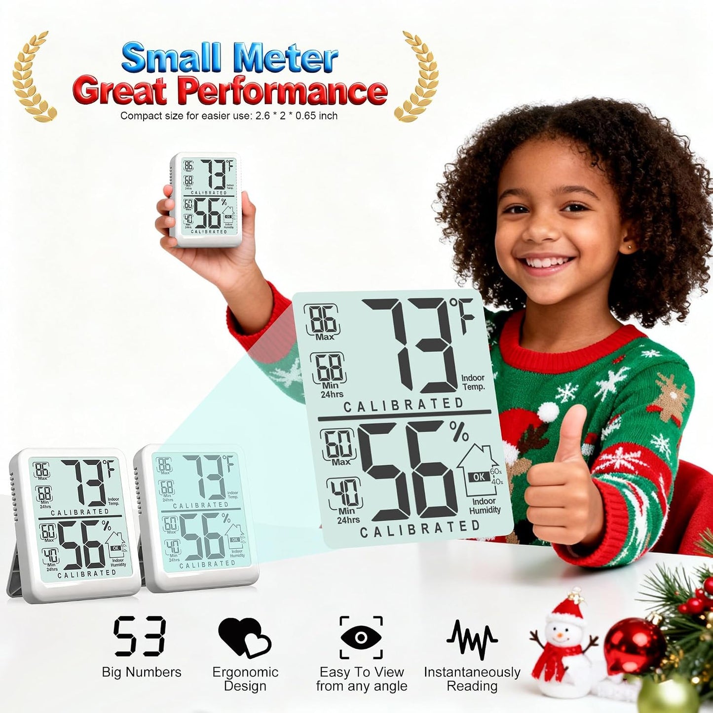 Room Thermometer Indoor Hygrometer, Temperature and Humidity Meter | W/ Battery, 24h Max/Min Record, Accurate Sensor, Fast Refresh, Easy to View, ℉/℃, Durable Kickstand, Compact, for Home Office
