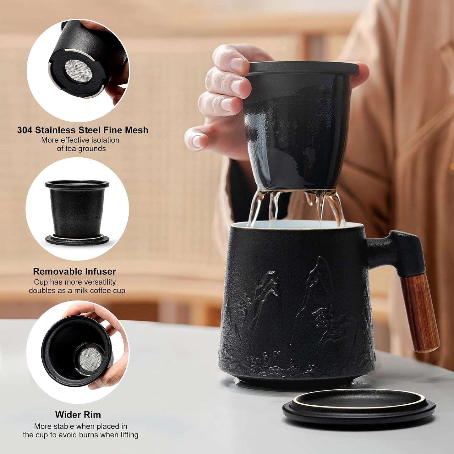 suyika Tea Cup with Infuser and Lid, 15.2 Ounce Wood Handle Ceramic Loose Leaf Mug Gradient Black&Green 450ml