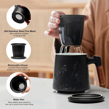 suyika Tea Cup with Infuser and Lid, 15.2 Ounce Wood Handle Ceramic Loose Leaf Mug Gradient Black&Green 450ml