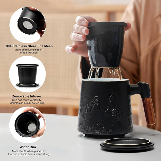 suyika Tea Cup with Infuser and Lid, 15.2 Ounce Wood Handle Ceramic Loose Leaf Mug Gradient Black&Green 450ml