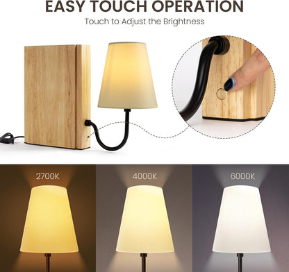 AELS Solid Wood Bookshelf Lamp with Bulb, Cordless Rechargeable Touch Dimmable Table Lamp with Linen Fabric Shade, Modern Decorative Bookend Lamp for Bedroom, Office & Bookshelf Decor, Dark Brown