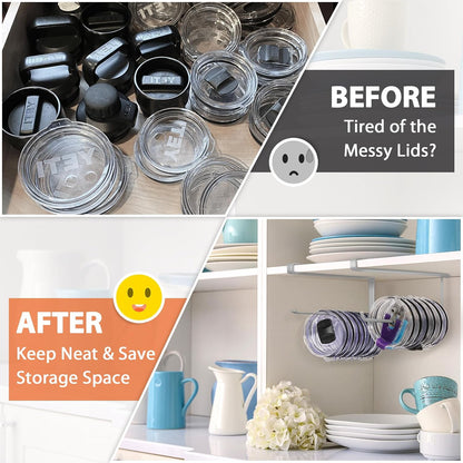 Tumbler Lid Organizer, Versatile Tumbler Lid Storage Holds 10 Lids, Black | Space Saving Cup Lid Organizers Inside Cabinet Tumbler Lid Hook for Kitchen Organizer and Storage, Paper Towel Rack Hanger