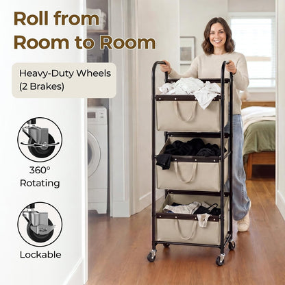 GRANNY SAYS 3 Tiered Laundry Sorter, Narrow Hamper Cart with Wheels | Sturdy 3 Section Laundry Basket with Wheels, Vertical Beige Hamper Cart for Bedroom, Bathroom, Apartment