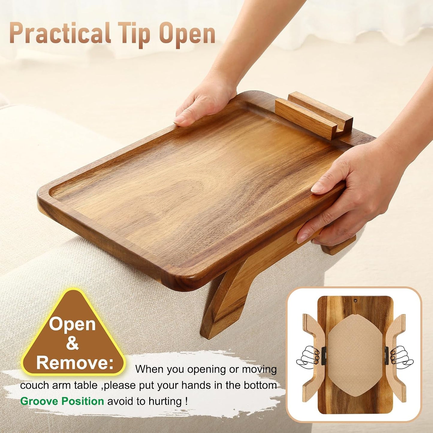 Couch Arm Tray,Bamboo Sofa Clip on Side Table,Foldable Couch Armrest Table with 360°Rotating Phone Holder,Anti Slip Food Trays for Eating/Drinks/Snacks/Remotes 15.35" x 9.85"
