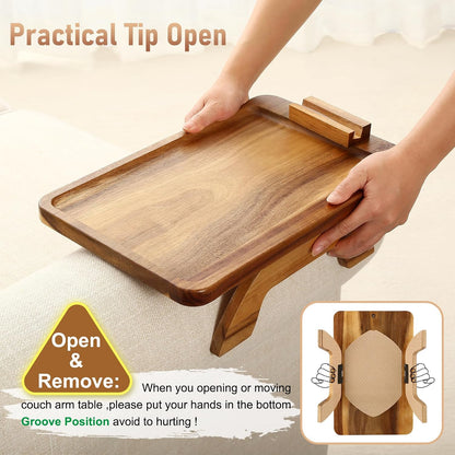 Couch Arm Tray,Bamboo Sofa Clip on Side Table,Foldable Couch Armrest Table with 360°Rotating Phone Holder,Anti Slip Food Trays for Eating/Drinks/Snacks/Remotes 15.35" x 9.85"