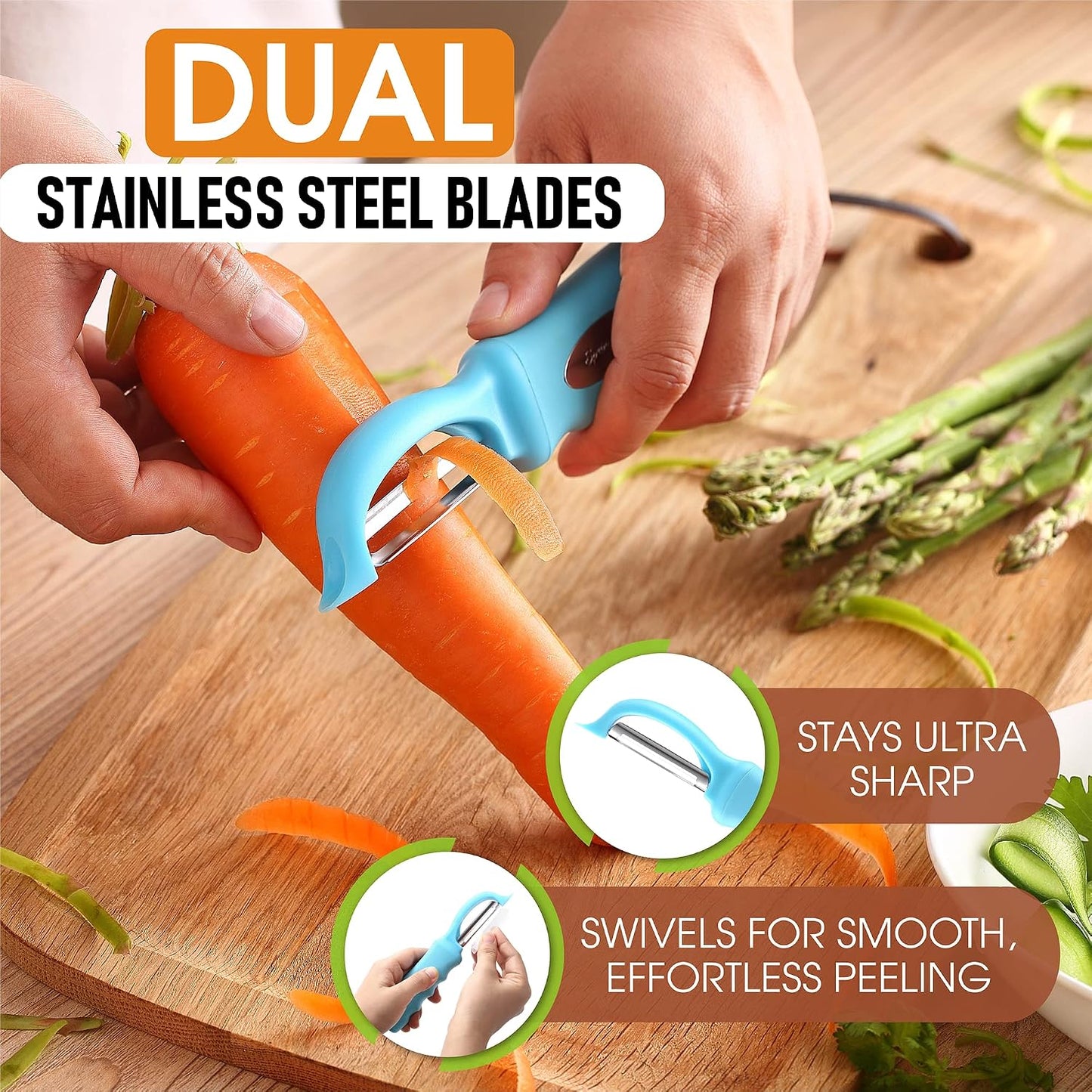 Spring Chef Swivel Potato Peeler for Kitchen w/ Soft Grip Handle, Mango | Premium Vegetable Peeler w/ Sharp Stainless Steel Blades, Multifunctional Food Peeler for Apple, Carrot, Cucumber, Fruit