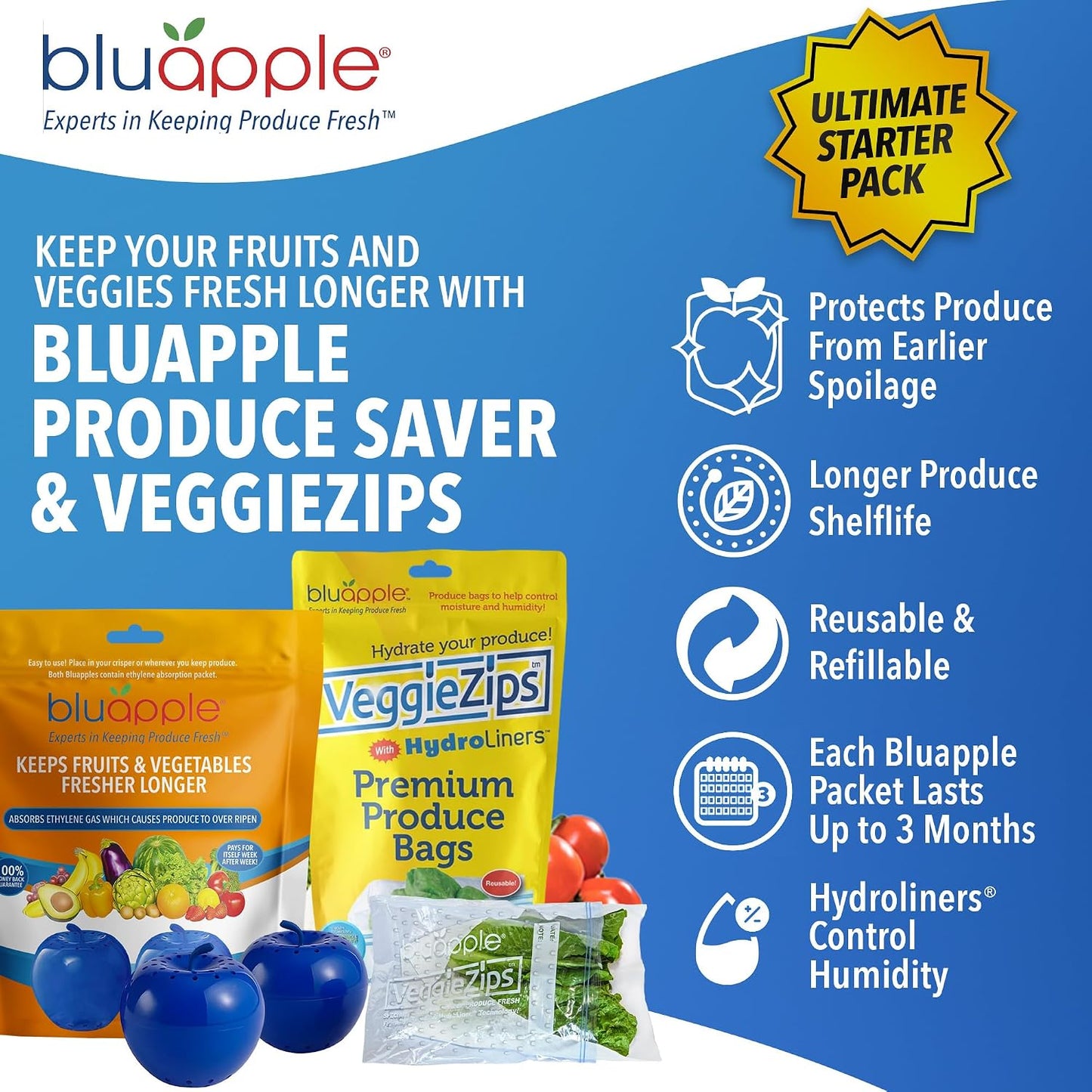 Bluapple Produce Saver Ethylene Gas Absorber - Fresh Fruit & Vegetable Storage for Refrigerator Crisper, Shelves & Fruit Bowls, Produce Keeper, Fruit Saver, Kitchen Must Haves, BPA-Free - 2-Pack