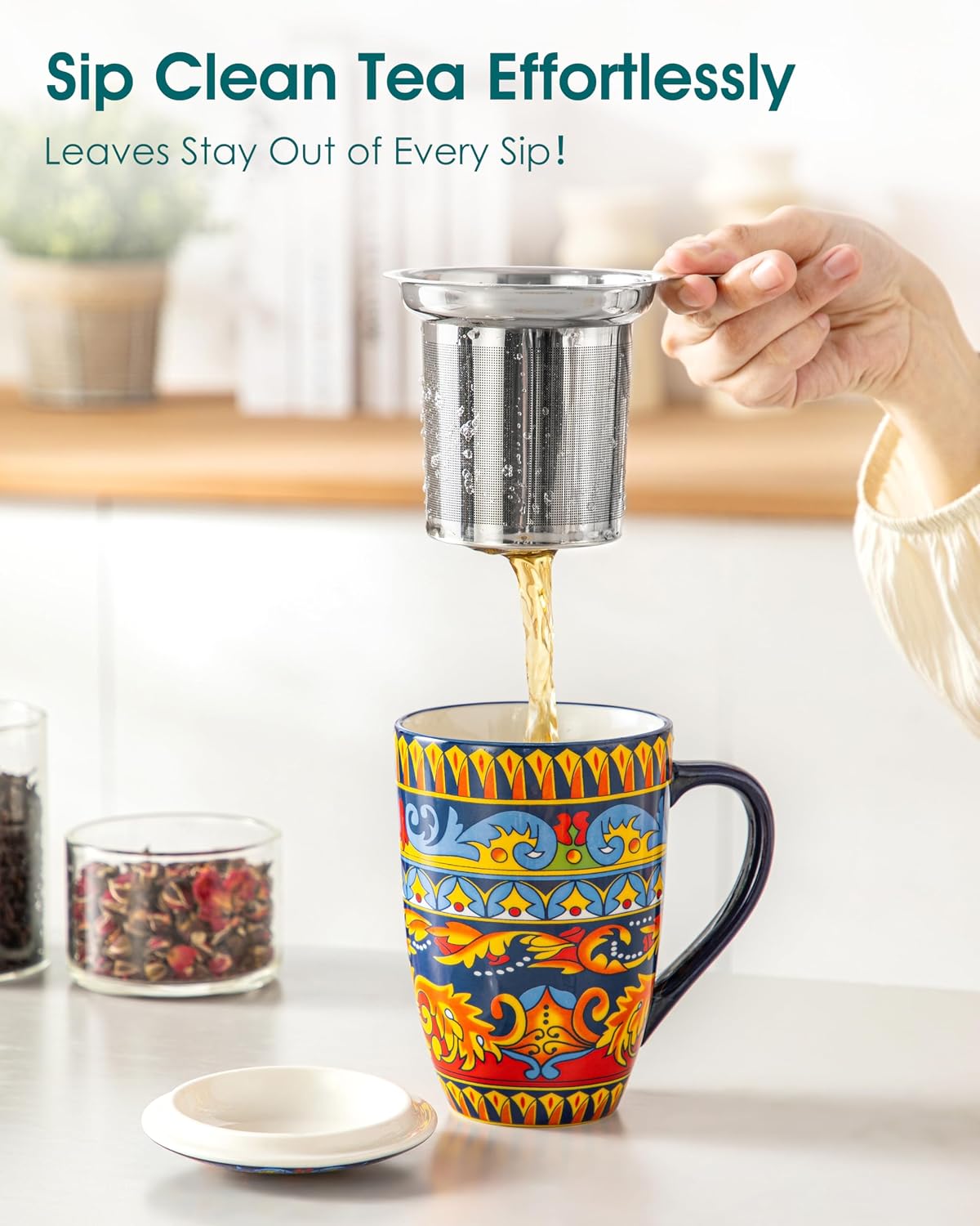vancasso 18 Oz Tea Infuser Mug with Lid, Mint Petal Whirl | Eye catching Bohemian pattern, adds charm to any tea corner, ceramic mug with infuser, microwave and dishwasher safe