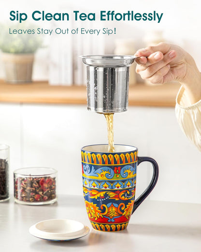vancasso 18 Oz Tea Infuser Mug with Lid, Mint Petal Whirl | Eye catching Bohemian pattern, adds charm to any tea corner, ceramic mug with infuser, microwave and dishwasher safe