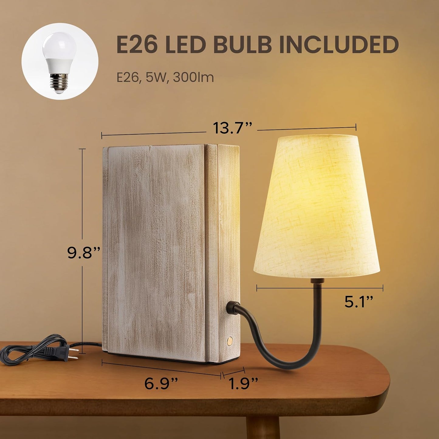 AELS Solid Wood Bookshelf Lamp with Bulb, Cordless Rechargeable Touch Dimmable Table Lamp with Linen Fabric Shade, Modern Decorative Bookend Lamp for Bedroom, Office & Bookshelf Decor, Dark Brown