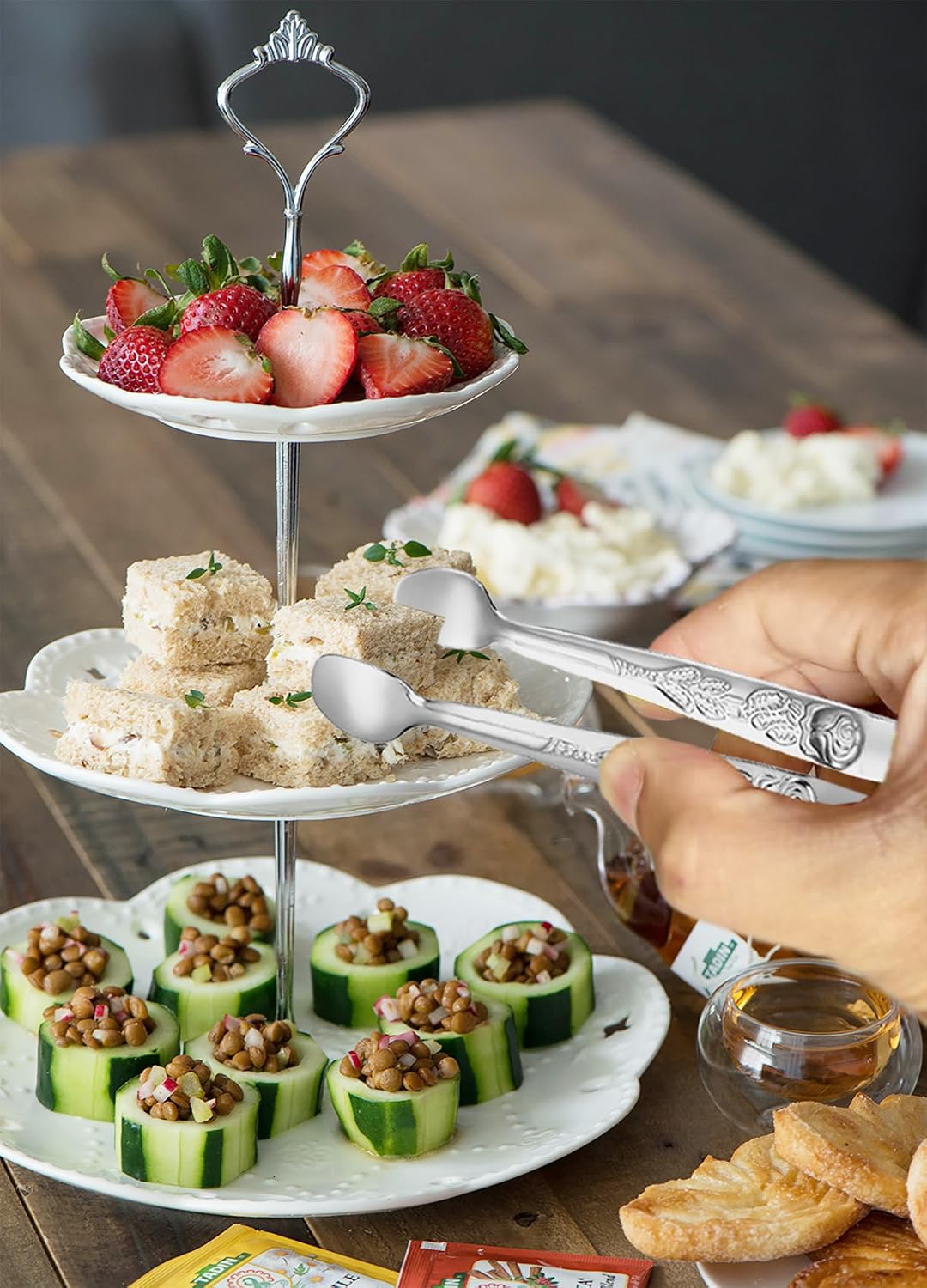 HINMAY 6PCS Mini Serving Tongs 5-Inch Small Sugar Tongs (Silver) | Tiny Stainless Steel Kitchen Tong for Appetizers, Tea Party, Coffee Bar, Desserts