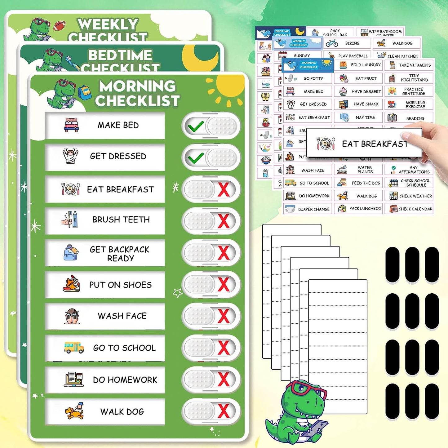 Upgraded Slider 3 in 1 Bedtime/Morning/Weekly Routine Chart for Kids, Magnetic Chore Chart for Kids with 99 Stickers, Cute Visual Schedule for Kid