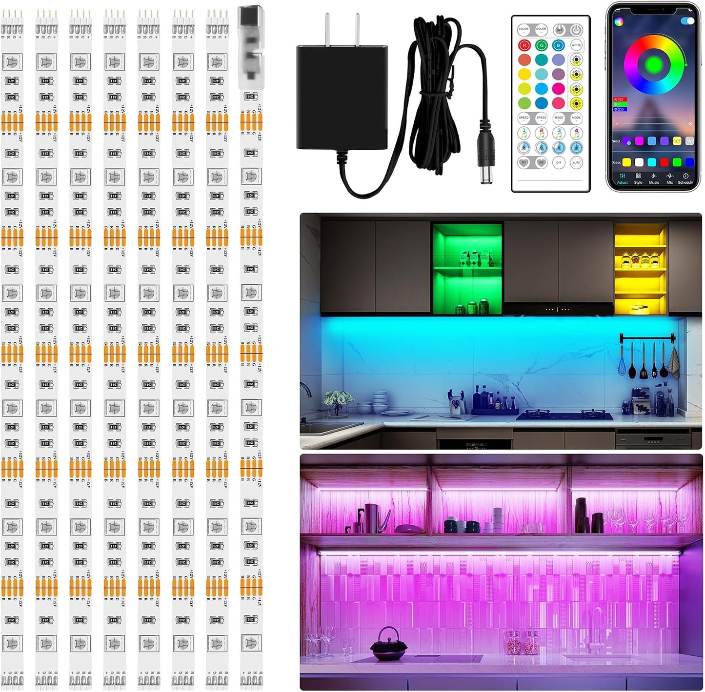 maylit 8 PCS Motion Sensor RGB Under Cabinet Lights Kit, App and Remote Control Led Strip Lights, Music Sync Color Changing Led Lights with Power Adapter, for Cabinet, Counter, Shelf, Bookcase, 13ft | App and Remote Control Led Strip Lights, Music Sync