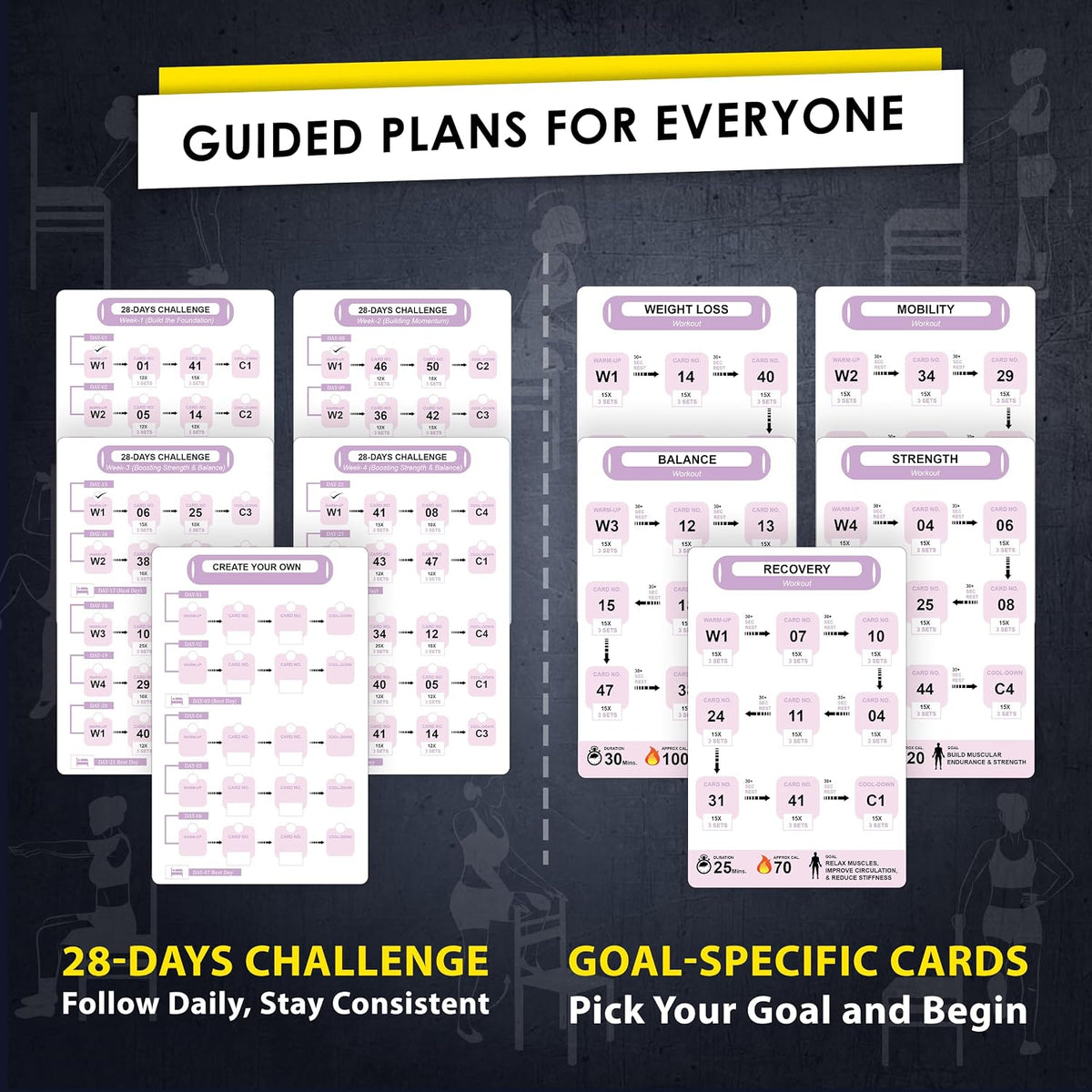 Flexies Chair Yoga Workout Cards – 58 Seated Exercise Cards for Beginners & Seniors | 28 Day Chair Workout Chart for Weight Loss, Strength, Flexibility & Balance