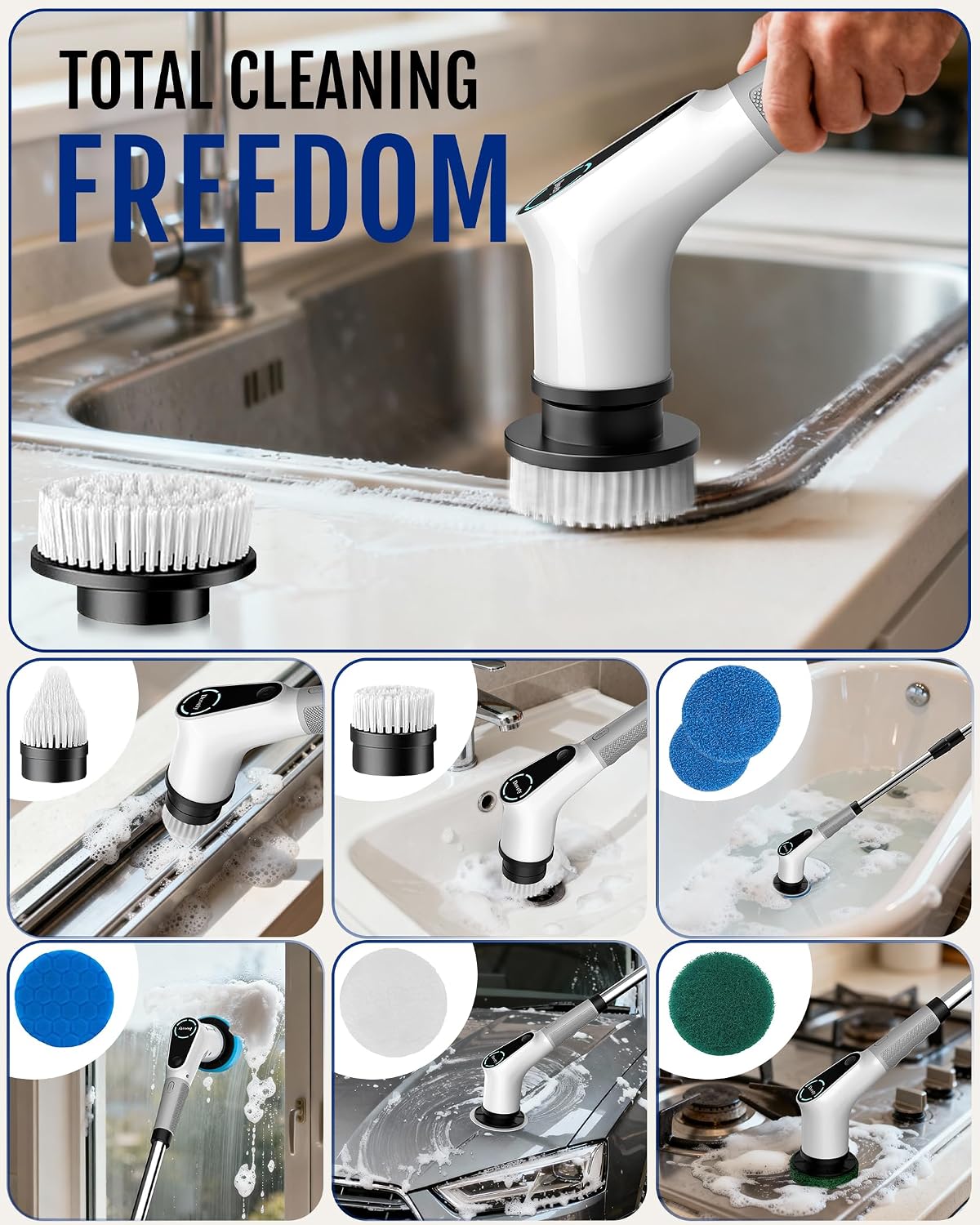 Dovety Electric Spin Scrubber, Extendable Handle, 8 Brush Heads-WH | 90-minute long runtime, Type-C fast charging, multi-scene cleaning tool for shower, bathtub, tile and bathroom scrubbing