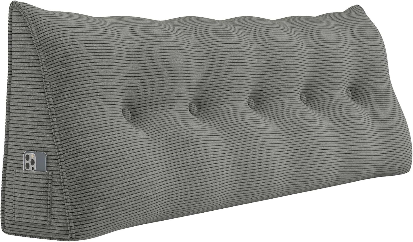 Headboard Wedge Pillows for Sitting Up in Bed Rest Adult，Triangular Upholstered Stuffed Reading Pillow for Sofa Couch Back Cushions Lumbar Body Support Dorm Bedroom（King，Corduroy Gray）