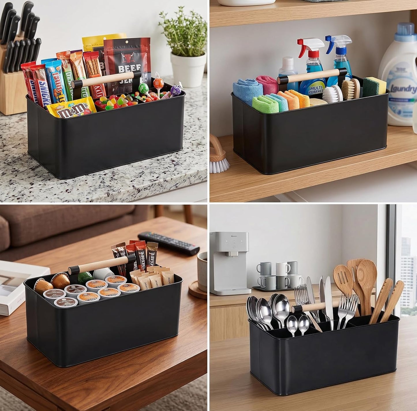 Cleaning Caddy with Handle, Black Metal Supply Organizer | Metal body, 12.8 in caddy, bathroom and under sink storage, wooden handle, divided layout, smooth rounded edges