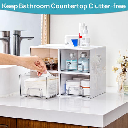 Vtopmart 4 Pack Small Clear Stackable Storage Drawers, Fits Narrow Spaces | Multi-Use Plastic Bins for Bathroom Cabinet Organizer, Makeup, Desk, Vanity, Undersink, Medicine ,Keeps Small Items Organized