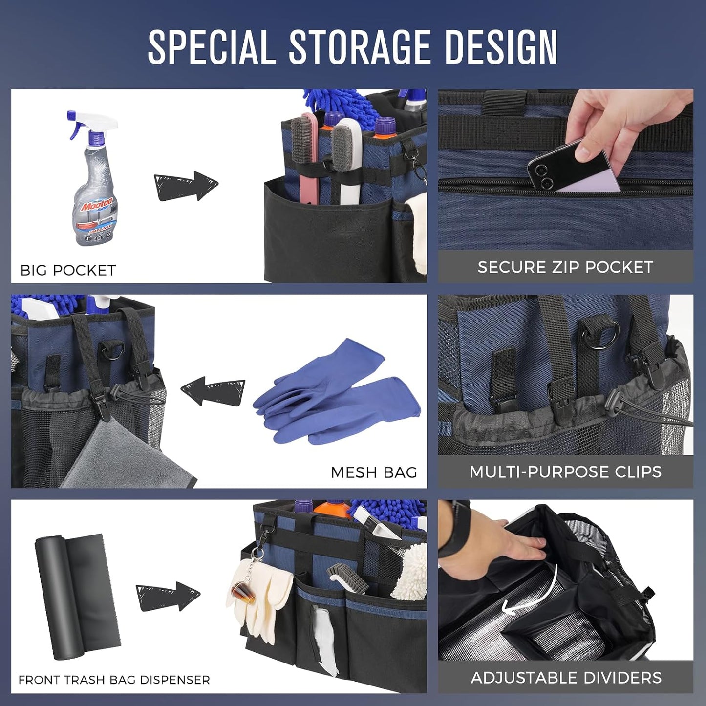 SCAVATA Wearable Cleaning Caddy, Cleaning Caddy Supplies Organizer with Handle & Shoulder Straps for Housekeepers, Under Sink & Car Cleaning Tool Organizers Bag with 4 Foldable Divider (NavyBlue)