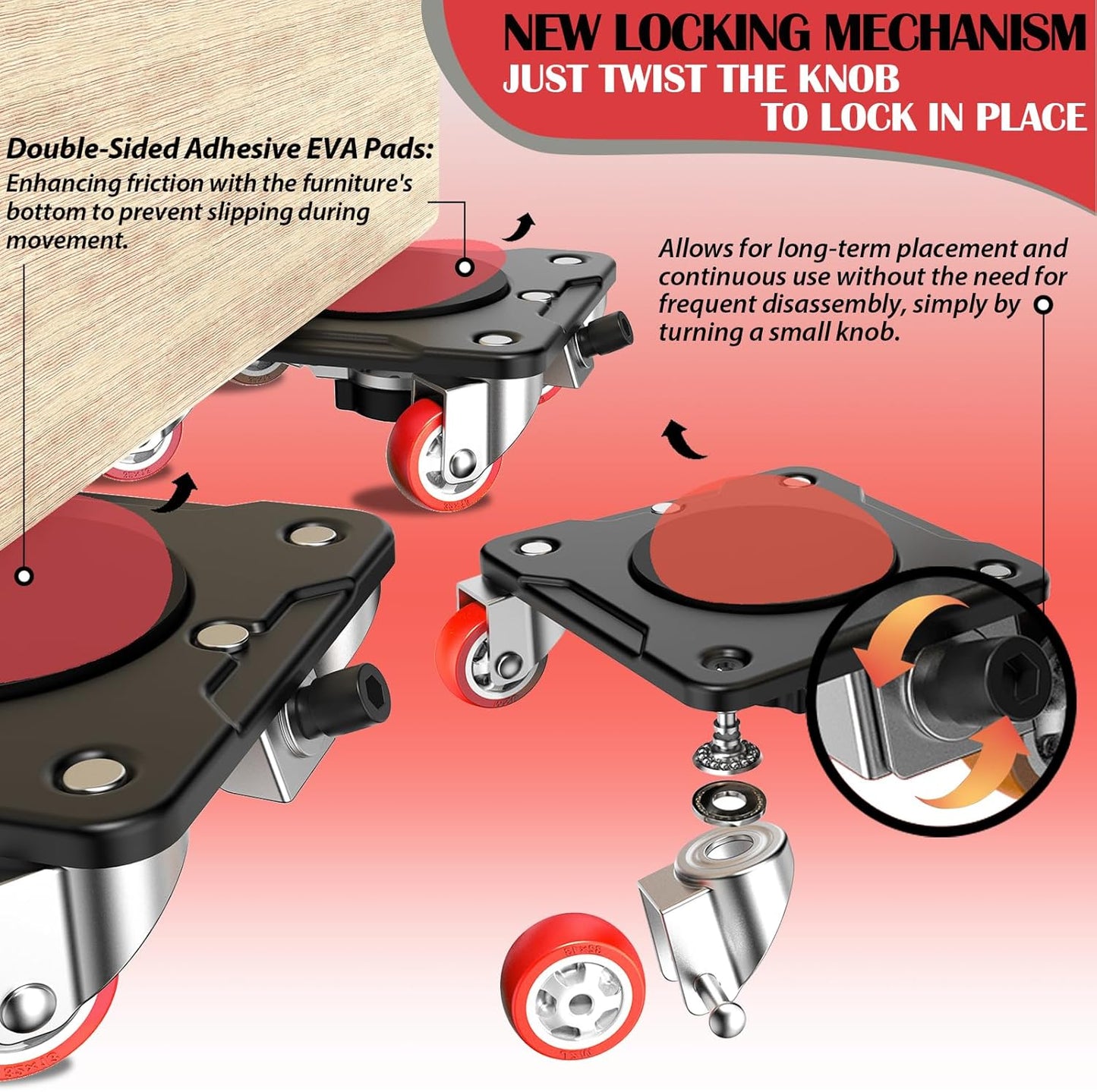 Heavy Duty Furniture Movers with 5-Wheel Dollies, Furniture Dolly Set with Lifter & Base, 360° Swivel Casters, Non-Slip Pads, Up to 2000 lbs Load Capacity