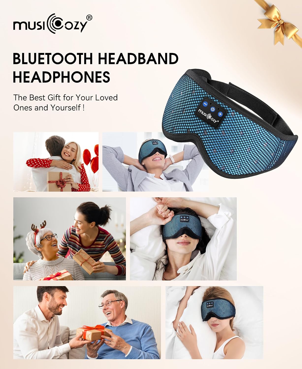 MUSICOZY Breathable Bluetooth Sleep Mask Headphones for Sleeping | Mesh Sleep Mask With Bluetooth 5.4 Audio, Soft Fabric And Comfortable Fit for Side Sleepers, Travel, Meditation and Rest