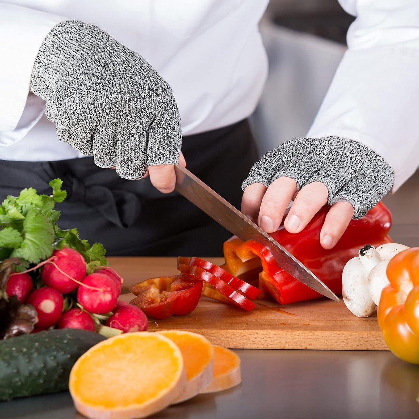 Geyoga 2 Pair Fingerless Cut Resistant Gloves Kitchen Cutting Glove Food Grade Gloves for Chef Mandolin Slicing(Grey and Black)