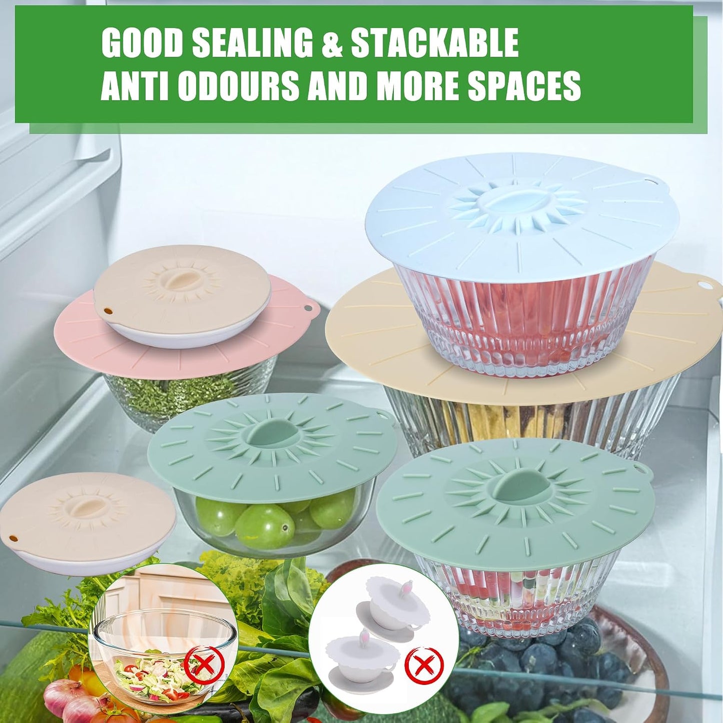 7 Pack Silicone Lids Microwave Splatter Cover, 5 Sizes Reusable Heat Resistant Suction Lids for Bowls Plates Pots Pans Oven Fridge, BPA Free, Ideal Mother's Gift