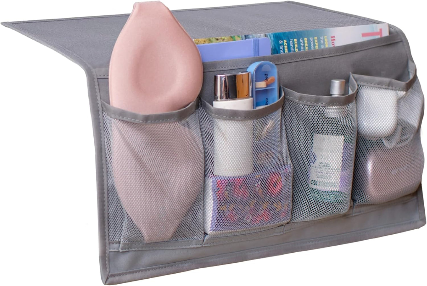 Houseify Slumber & Stow Hanging Bedside Caddy Organizer, 5 Pockets | Bed caddy, couch caddy, mesh storage for phones, tablets, remotes, books, glasses, bunk beds, RVs, dorm rooms, 10"x17.3"
