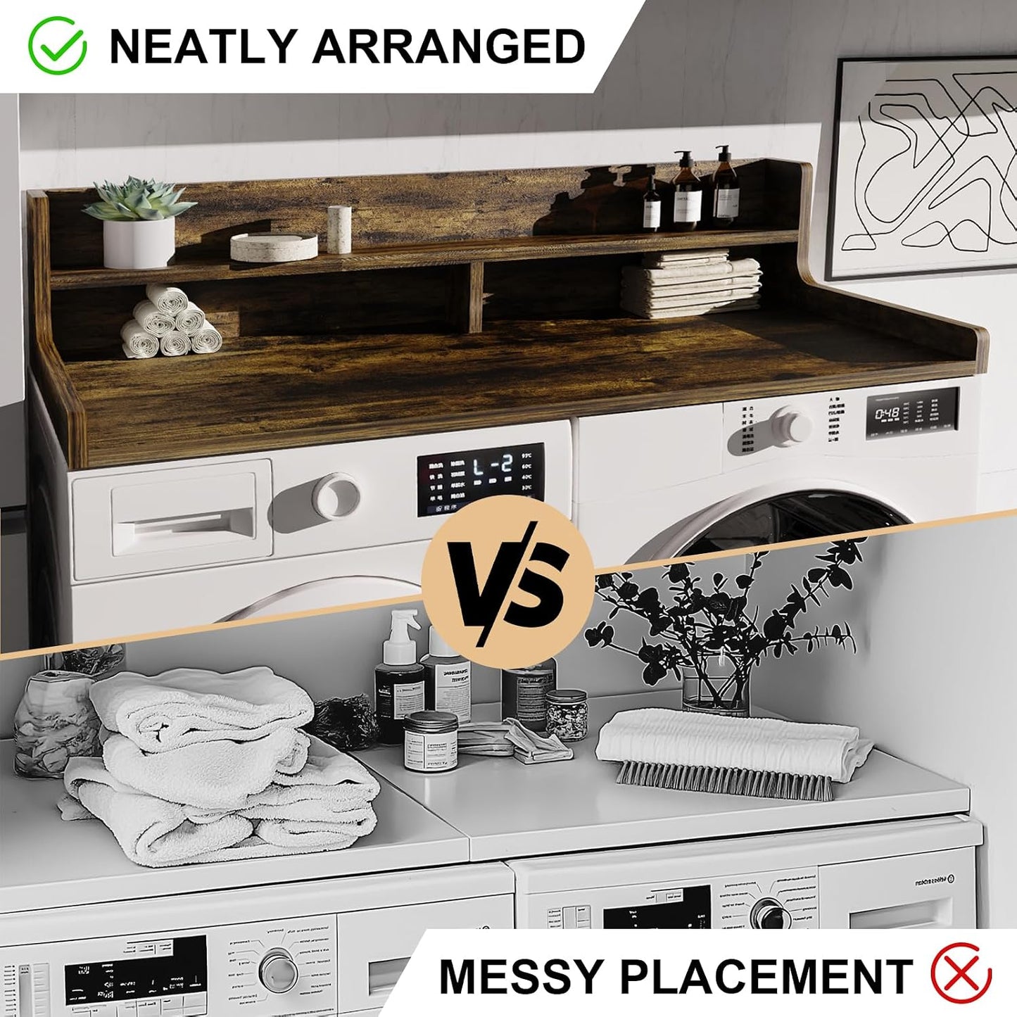 Washer Dryer Countertop, 54" x 27.55" 2-Tier Washer Dryer Topper with Edge, for Laundry Room Organization Oak
