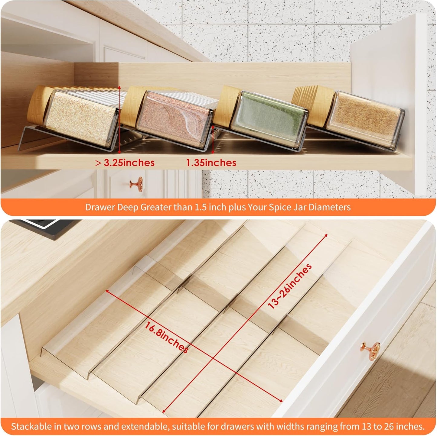 Jadehom Spice Drawer Organizer, 4 Tier Clear Acrylic Expandable From 13" to 26" Seasoning Jars Drawer Insert, Kitchen Drawer Spice Rack Tray for Cabinet/Countertop