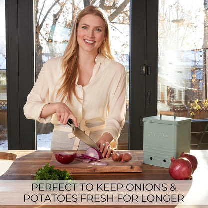 Beautiful Potato and Onion Storage Container Set - Food Safe Metal Bins | Spacious 10.1" and 8.9" Canisters for Your Kitchen Counter or Pantry - Keeps Produce Fresh Longer