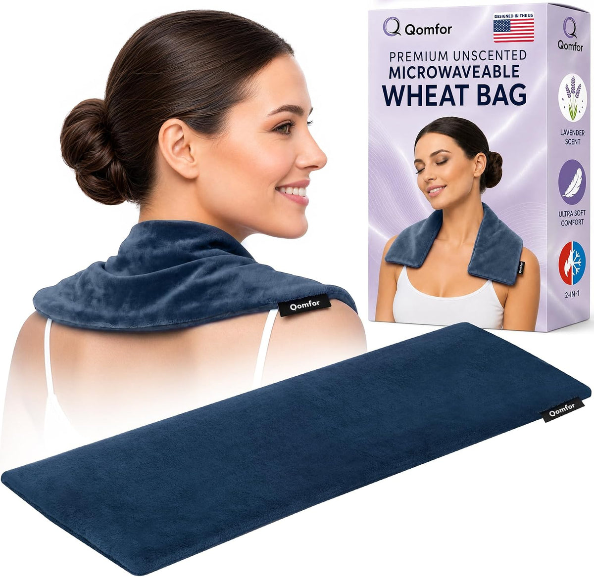 Qomfor - Microwavable Heating Pad - Blue Green - Lavender Scented Heat Pack - Therapeutic Heat Wrap for Neck, Shoulders & Period Cramps Pain Relief - Reusable Hot/Cold Therapy Bag