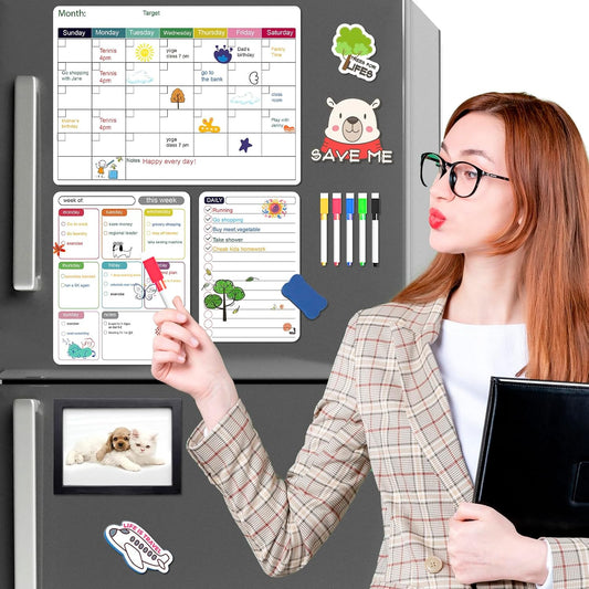 Magnetic White Board Calendar Dry Erase for Fridge | 14.6" x 11" Reusable Refrigerator Calendar for Fridge & Wall, Easy to Clean, Schedule Organizer, with 5 Markers and Eraser