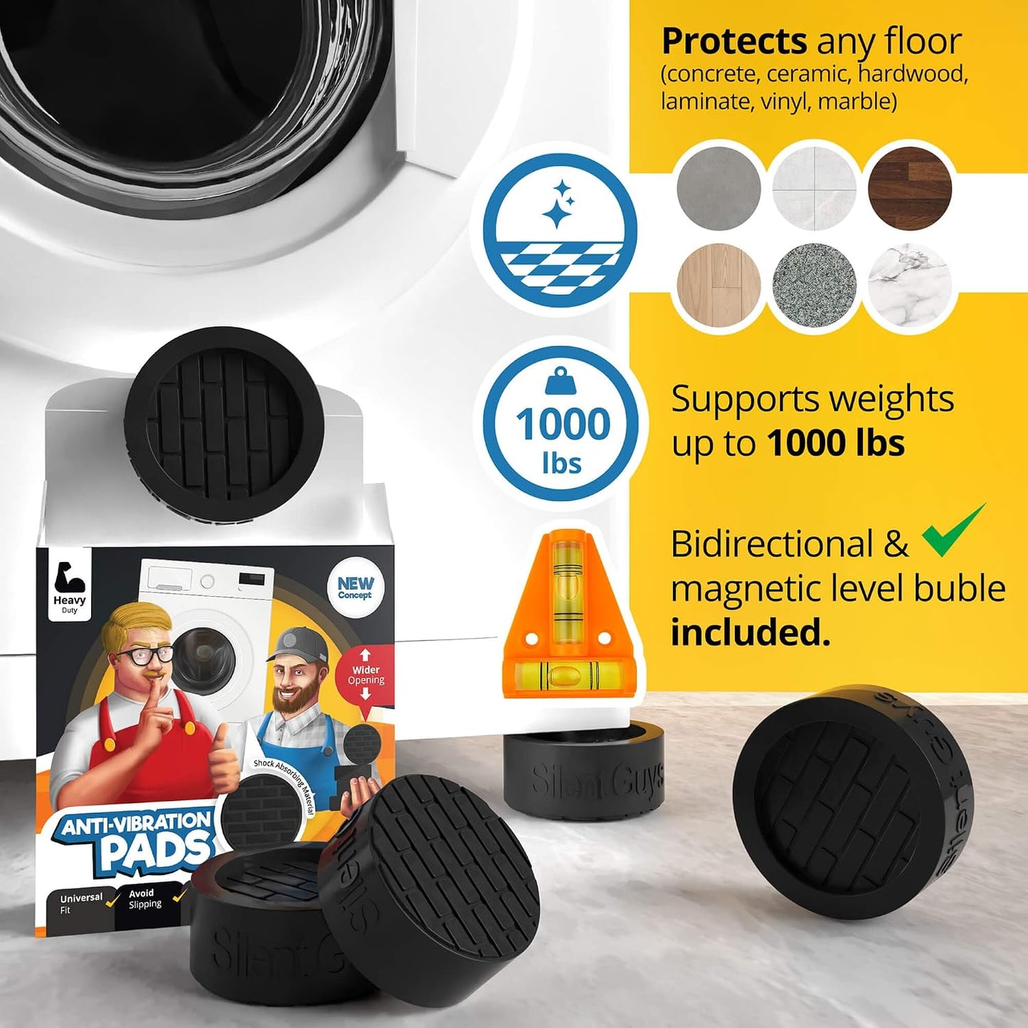 Heavy Duty Anti Vibration Pads for Washing Machine, Grey 4 Pack Washer Feet | Works as washer & dryer leveling pads or anti vibration mat. Universal fit up to 2.36in feet, reduces shaking & noise.