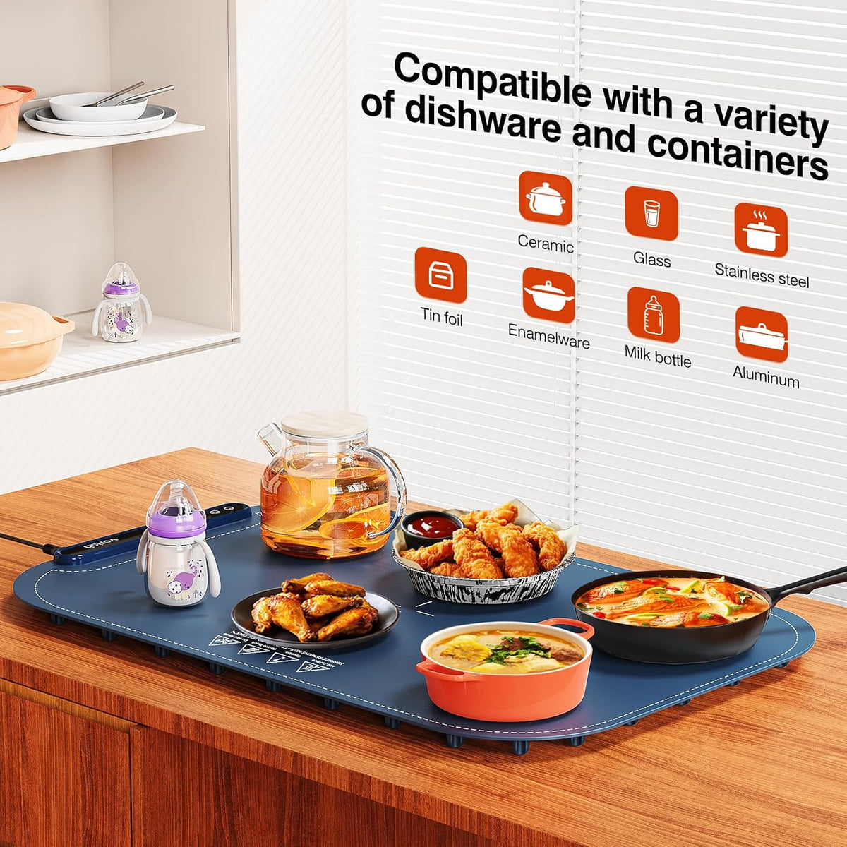 Warming Mat for Food, Voriah Electric Warming Tray with 3 Temp Settings & Auto Shut-Off, Food Warmer with Thick Silicone Surface to Keep Food Warm at Buffet, Parties, and Family Use（Dark Blue）