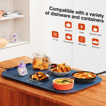 Warming Mat for Food, Voriah Electric Warming Tray with 3 Temp Settings & Auto Shut-Off, Food Warmer with Thick Silicone Surface to Keep Food Warm at Buffet, Parties, and Family Use（Dark Blue）