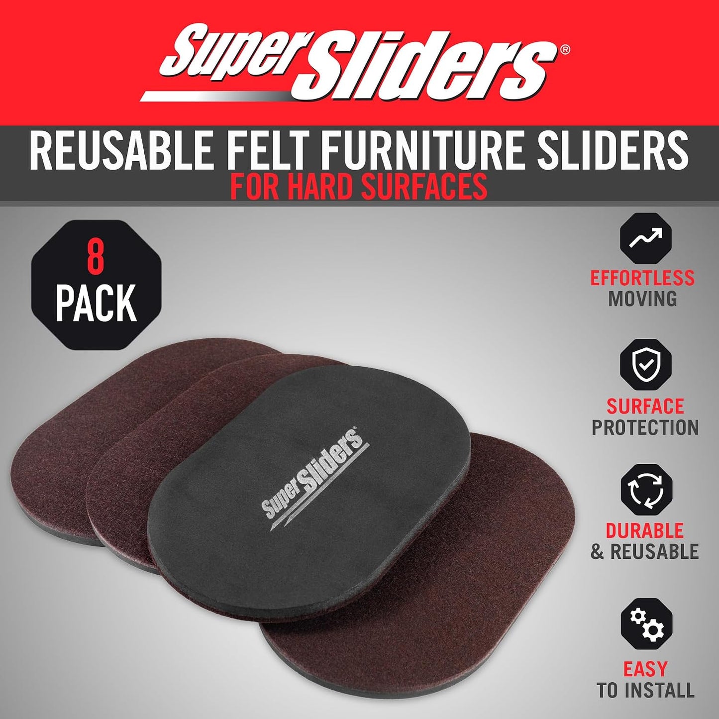 Super Sliders 5-3/4" x 9-1/2" XL Oval Reusable Furniture Sliders for Carpet, Anti-Slip Protective Furniture Moving Pads for Beds, Sofas, Dressers, Set of 4, Brown