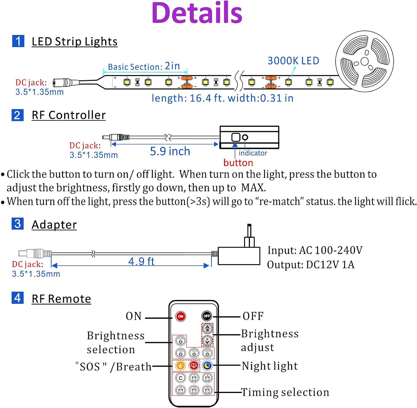WOBANE 16.4ft Motion Sensor LED Strip with Remote,Warm White Tape Lighting | Dimmable LED Strip Lights for Kitchen, Under Cabinet, Bedroom, Shelf, Bed, PIR Function,Night Light,Adapter,3000K Warm White