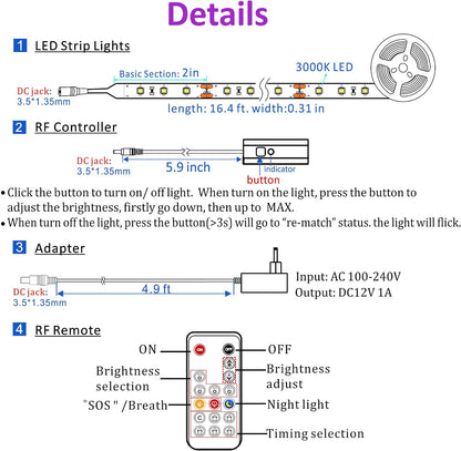 WOBANE 16.4ft Motion Sensor LED Strip with Remote,Warm White Tape Lighting | Dimmable LED Strip Lights for Kitchen, Under Cabinet, Bedroom, Shelf, Bed, PIR Function,Night Light,Adapter,3000K Warm White
