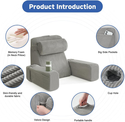 Reading Pillow for Sitting in Bed Adult, Back Pillow for Bed Sitting up with Arms, Pockets and Cup holder, Sit Up Backrest Pillows for Beds Chair Support, Rest Pillow for Gaming (Light gray)