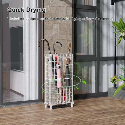 AWTATOS Umbrella Holder Entryway, Umbrella Stand Freestanding, Black | Metal Square Umbrella Rack Organizer with a Removable Drip Tray, Hooks
