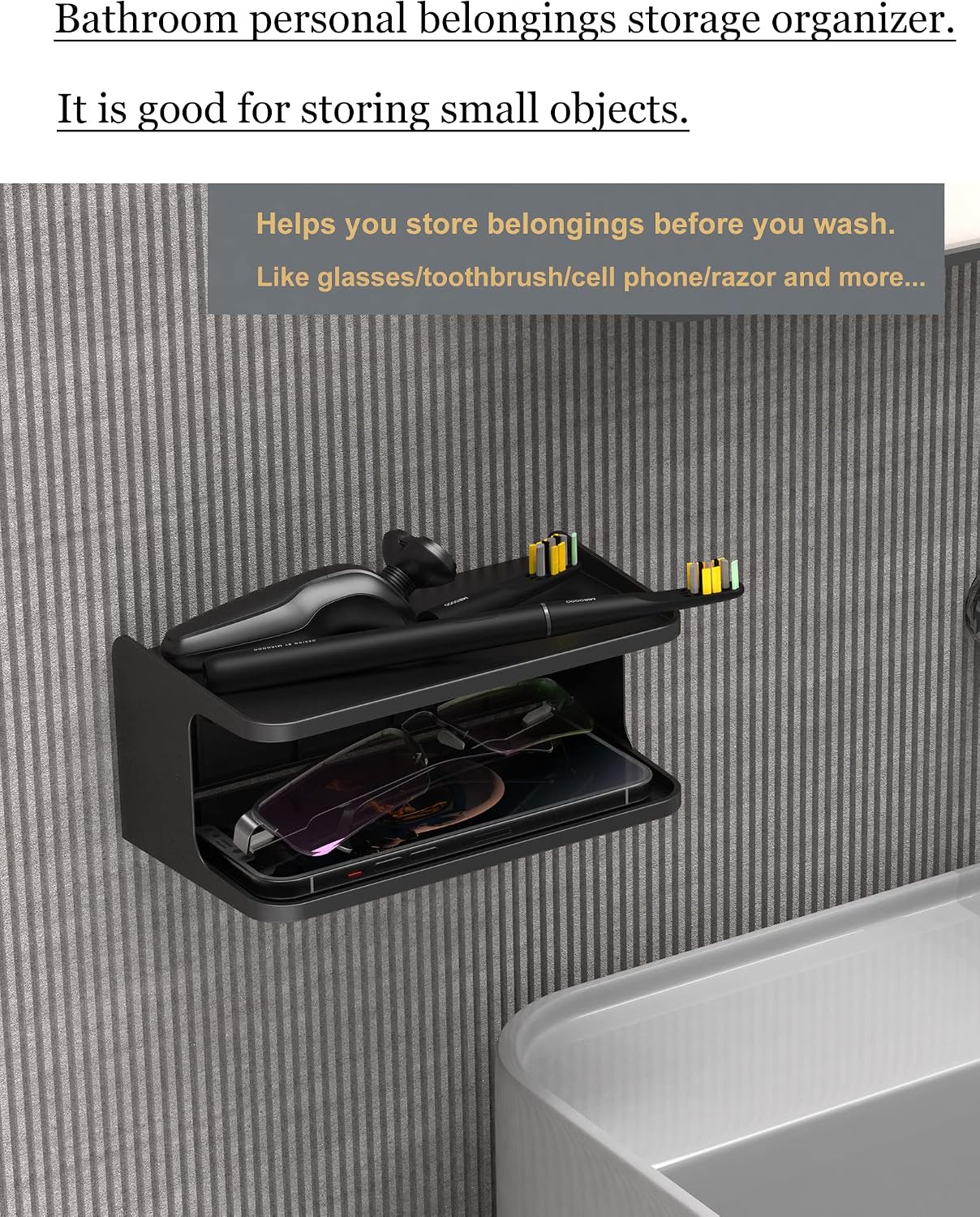 Bedside Wall Shelf Organizer, Small Bedside Shelf, (Black) | Wall Mount for Bed, Stick on Wall Shelf, Double Tray Holder for Storing Cellphone, Glasses, Keys, Camera , Alarm Clock