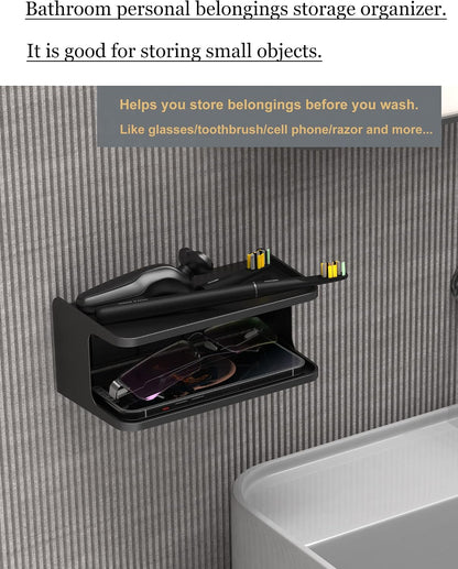 Bedside Wall Shelf Organizer, Small Bedside Shelf, (Black) | Wall Mount for Bed, Stick on Wall Shelf, Double Tray Holder for Storing Cellphone, Glasses, Keys, Camera , Alarm Clock
