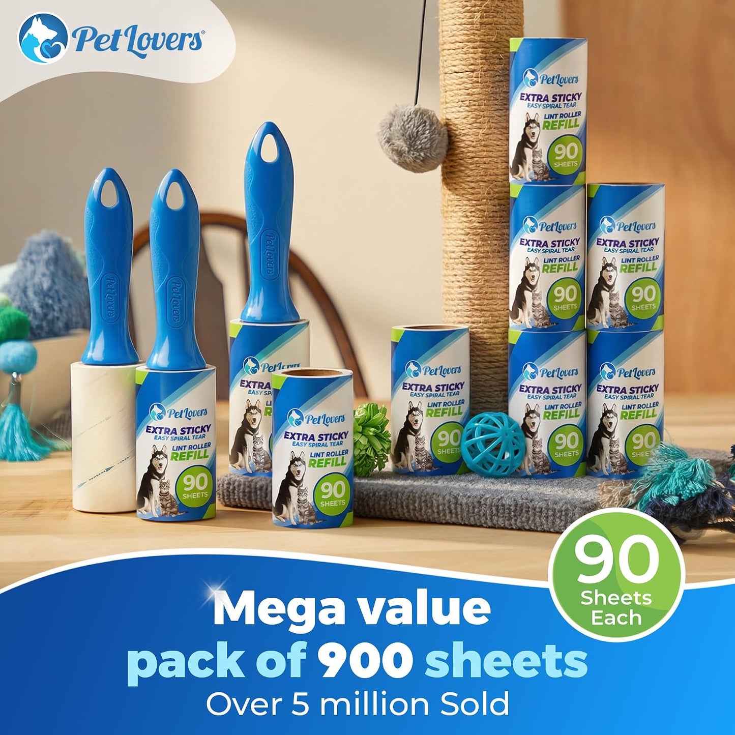 PetLovers Extra Sticky Lint Roller Mega Value Set 450 Sheets for Pet Hair Removal and Clothes, Dog and Cat Lint Remover 5 Pack