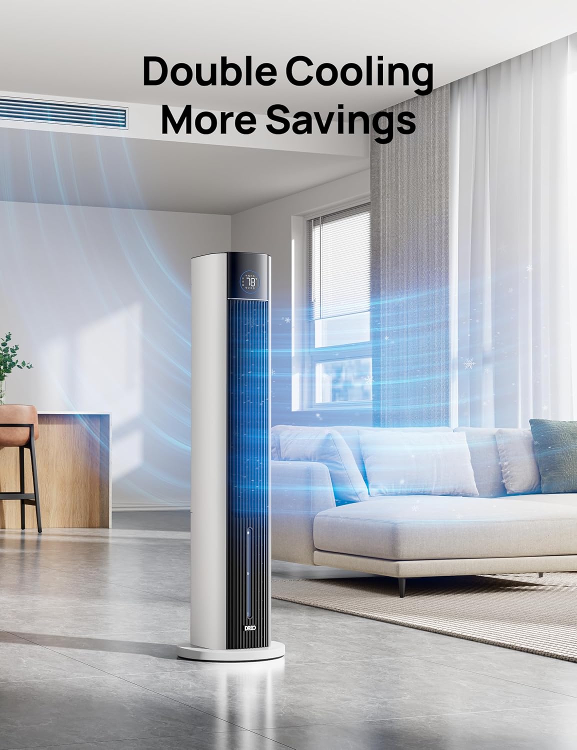 DREO Tower Fan for Bedroom, 43" Cooling Fans That Blow Cold Air 2025 Upgraded, Evaporative Air Cooler, Quiet 85° Oscillating Floor Fan, Easy Cleaning, APP Control, 4 Modes & 4 Speeds, Ink Black
