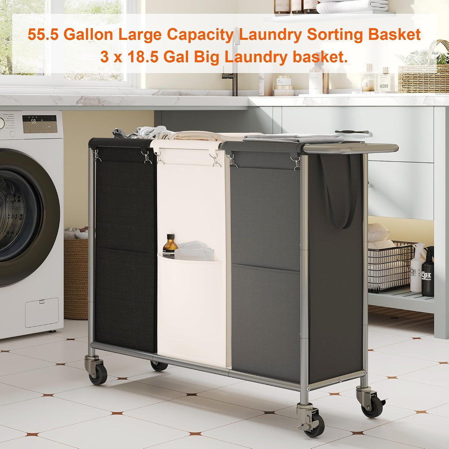 Heybly 3-Section Laundry Sorter Hamper,Rolling Laundry Hamper with Removable Bags – Heavy-Duty Laundry Sorter Cart with Wheels for Dirty Clothes, 40.2 x 15.4 x 33.1 Inches HLH024P03