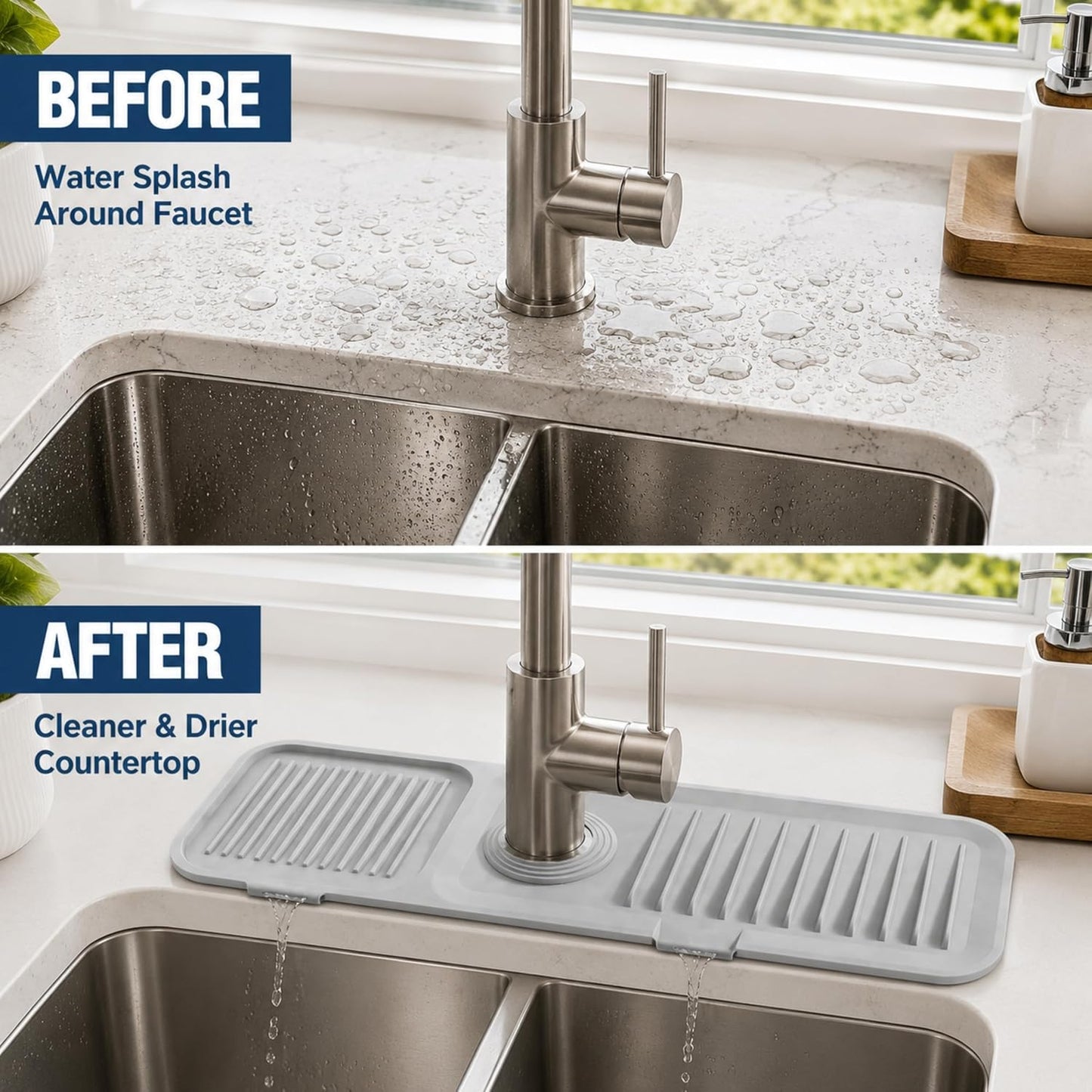 Faucet Mat for Kitchen Sink, Silicone Splash Guard, 17.7x5.5 in, Light Gray | 5° Fast-Draining Slope, Trimmable 1.5–2.6 in Center Hole