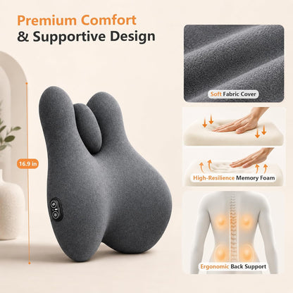 Lumbar Support Pillow with Heat and Vibration Massage for Lower Back Pain Relief & Comfort, Ergonomic Memory Foam Back Cushion with Adjustable Strap for Office Chair, Car Seat and Sofa, Grey