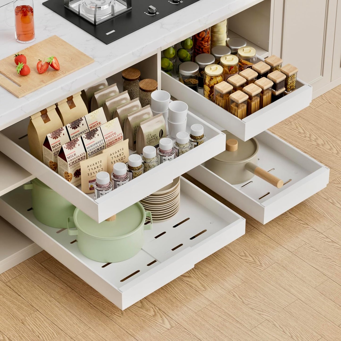 PAKETA 4 Pack Expandable Pull Out Cabinet Organizer,21" Deep | Pull Out Drawers for Cabinets with width from 12" to 20",Sliding Drawers for Cabinets with Upgrade 3 Slide Rails,hold 65 lbs