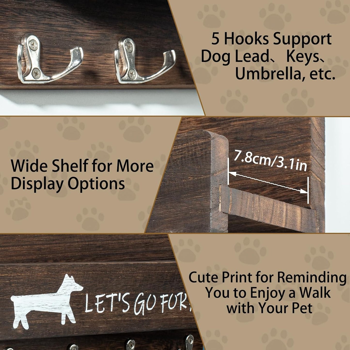 Wood Dog Leash Holder for Wall, Key Hanger with 5 Double Key Hooks | Dog Leash Hanger Wall Mounted for Entryway, Farmhouse Treats,35cm,Brown